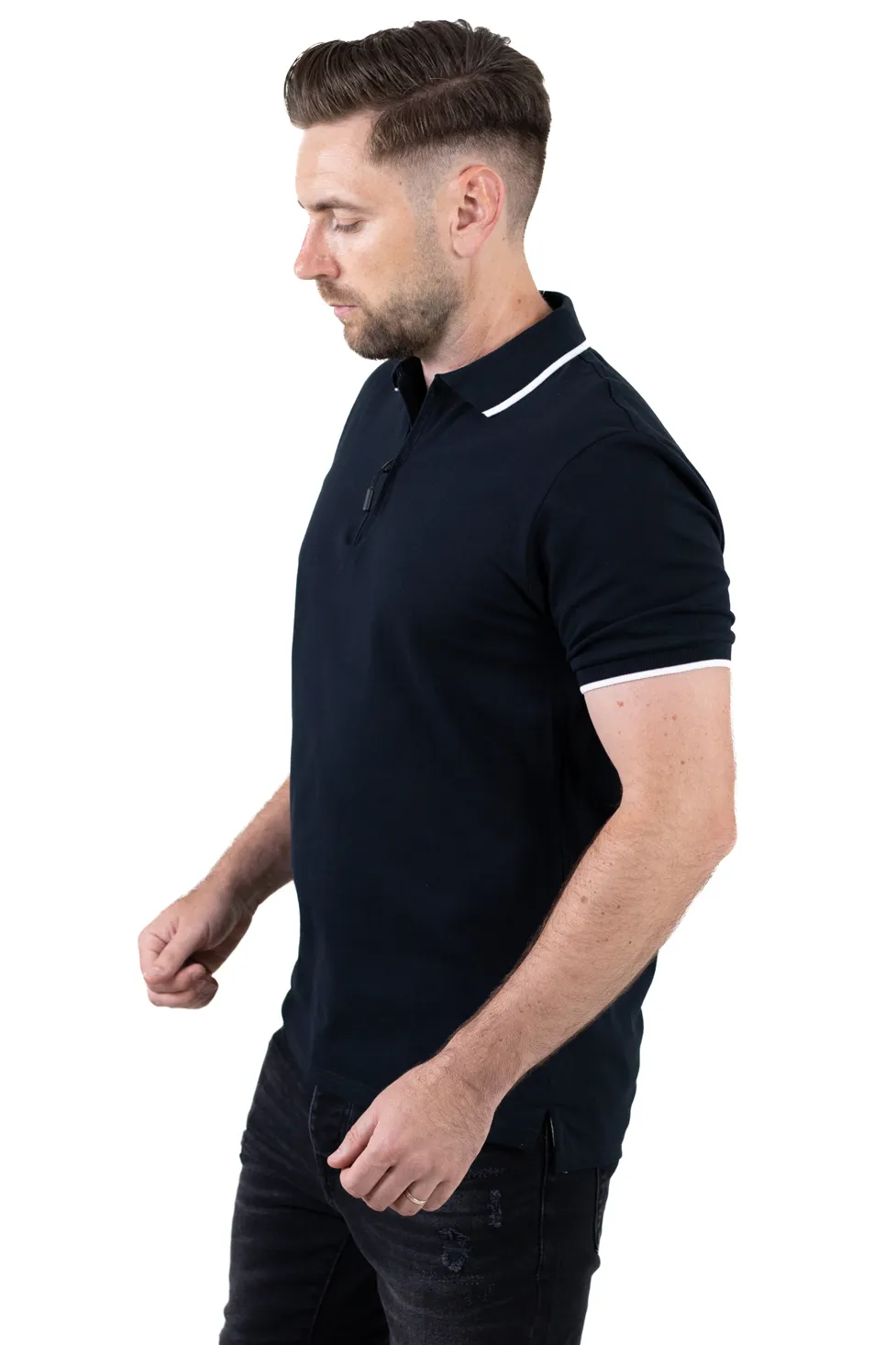 Tricou Polo Negru cu fermoar și detalii albe – Eleganță Casual la Superlativ [2]