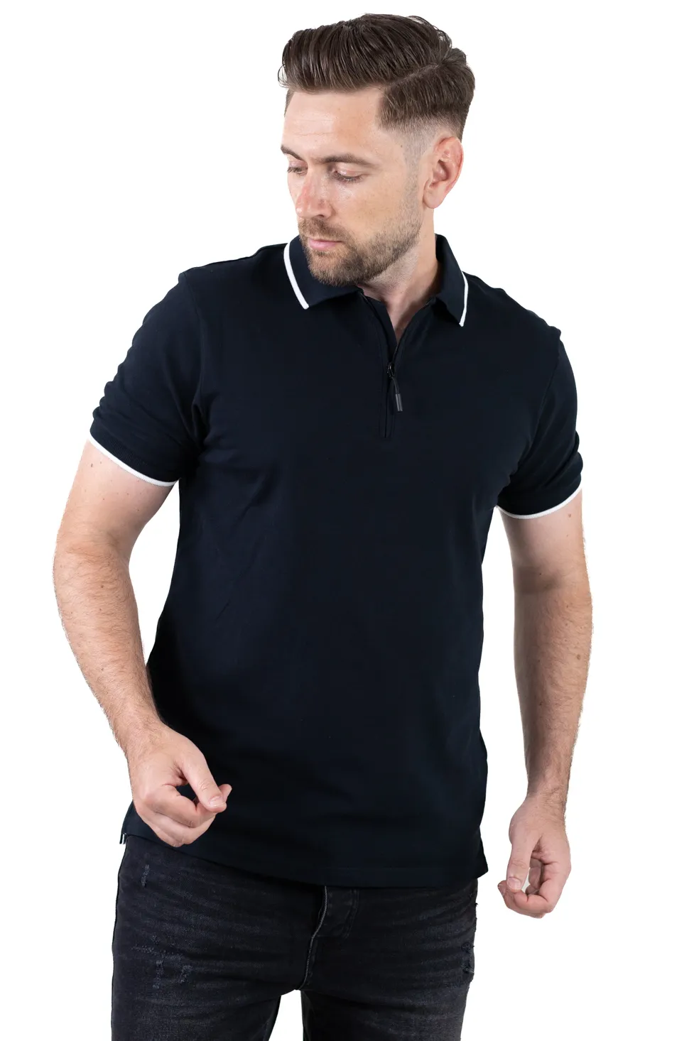 Tricou Polo Negru cu fermoar și detalii albe – Eleganță Casual la Superlativ [5]