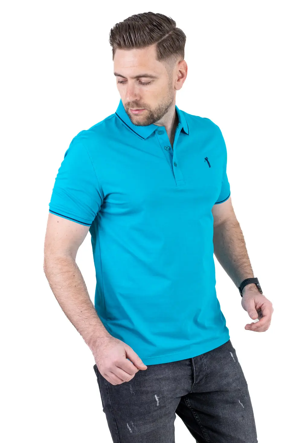 Tricou Polo Bărbați turcoaz, 95% Bumbac cu Lycra, Guler 3 Nasturi, Detalii Contrastante [2]