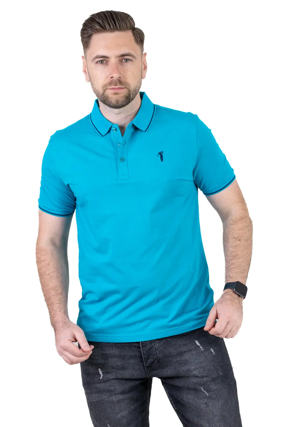 Tricou Polo Bărbați turcoaz, 95% Bumbac cu Lycra, Guler 3 Nasturi, Detalii Contrastante [6]