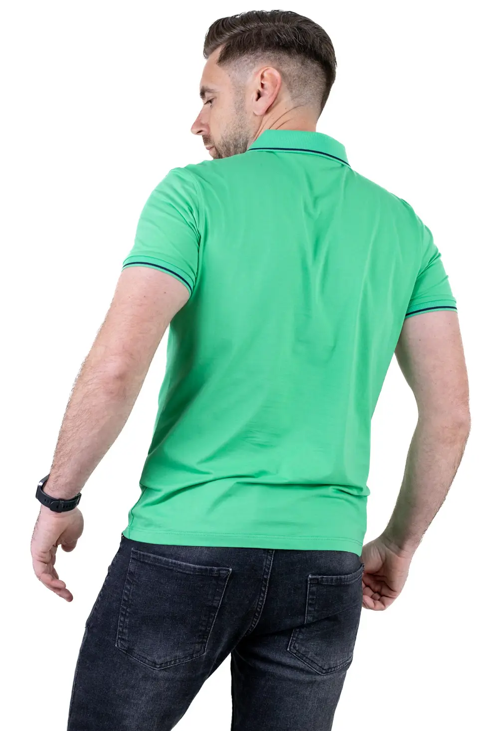 Tricou Polo Bărbați verde mar, 95% Bumbac cu Lycra, Guler 3 Nasturi, Detalii Contrastante [7]