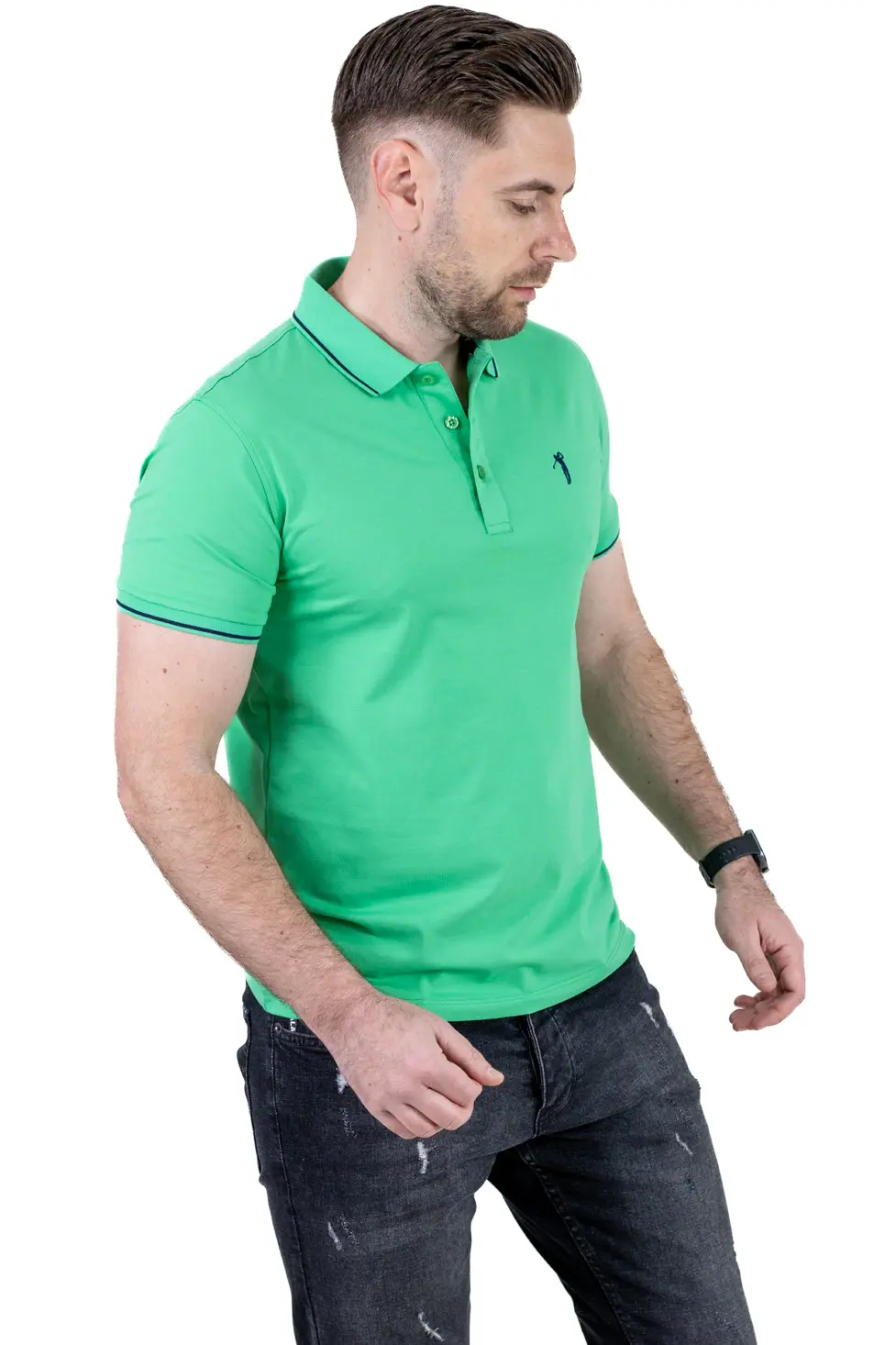 Tricou Polo Bărbați verde mar, 95% Bumbac cu Lycra, Guler 3 Nasturi, Detalii Contrastante [6]