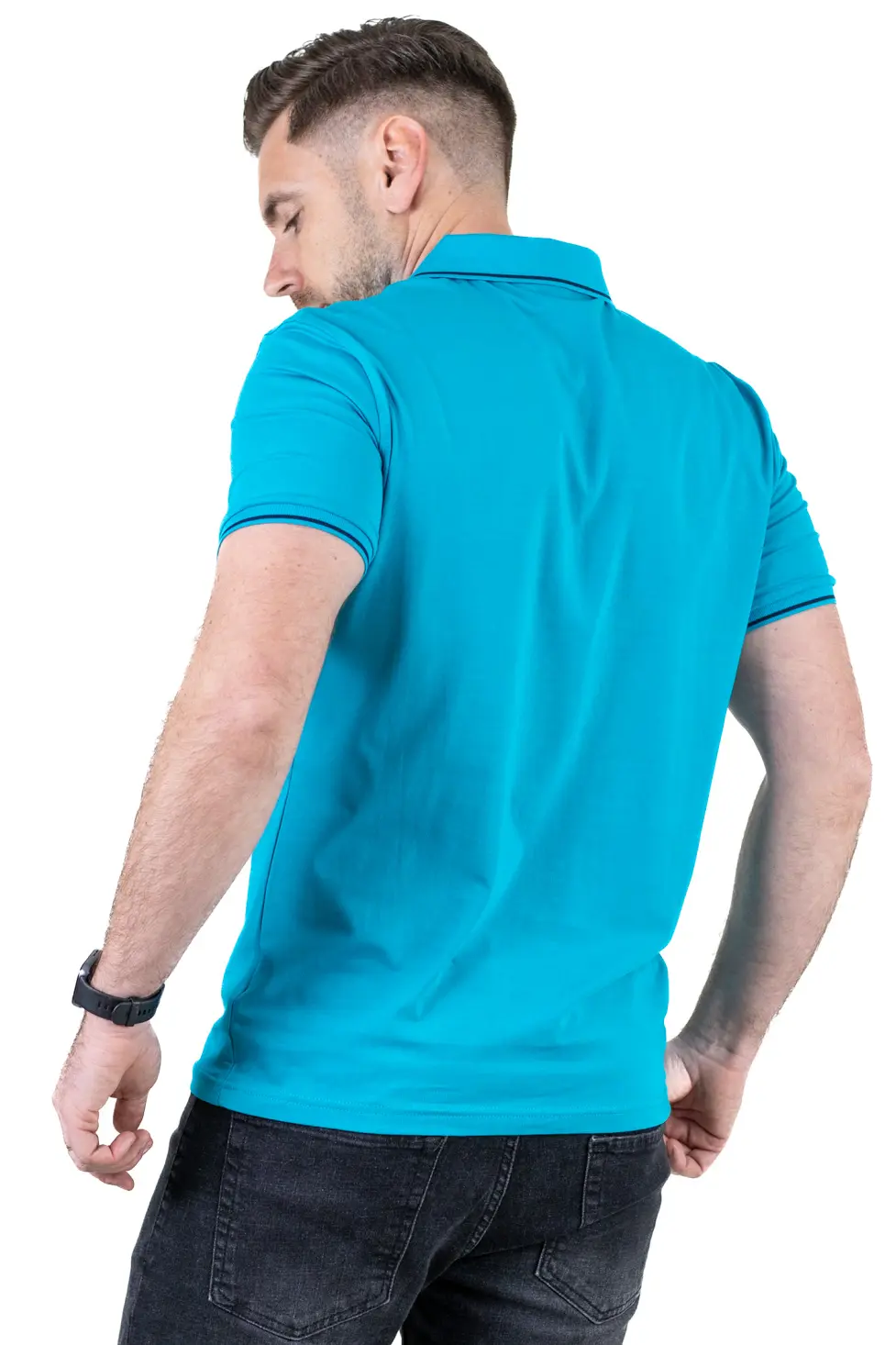 Tricou Polo Bărbați turcoaz, 95% Bumbac cu Lycra, Guler 3 Nasturi, Detalii Contrastante [3]