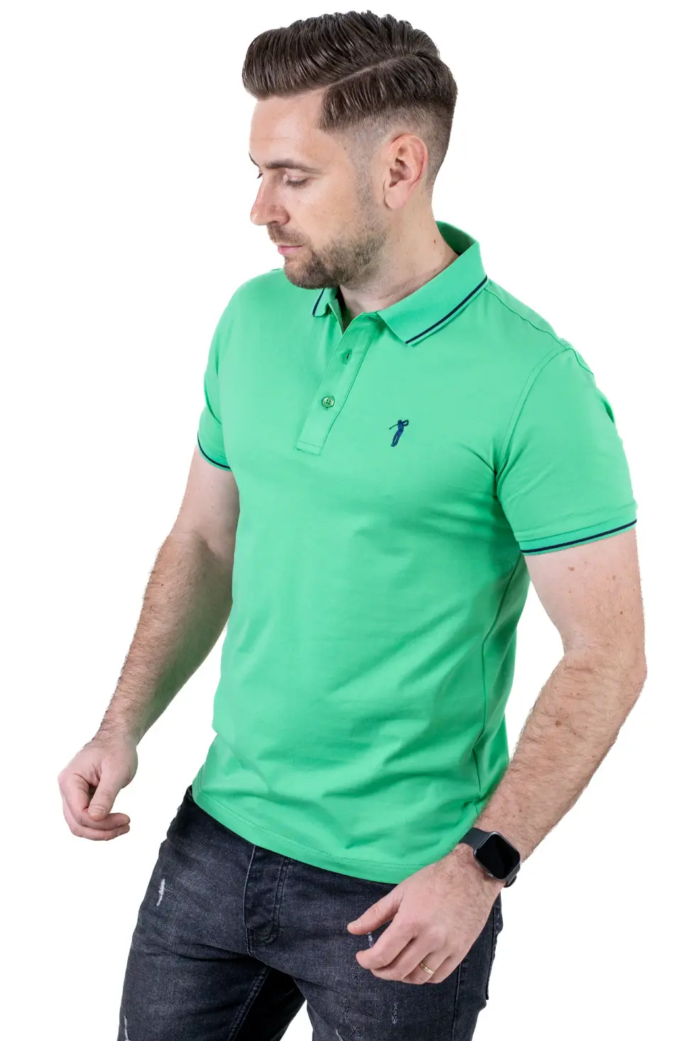 Tricou Polo Bărbați verde mar, 95% Bumbac cu Lycra, Guler 3 Nasturi, Detalii Contrastante [5]