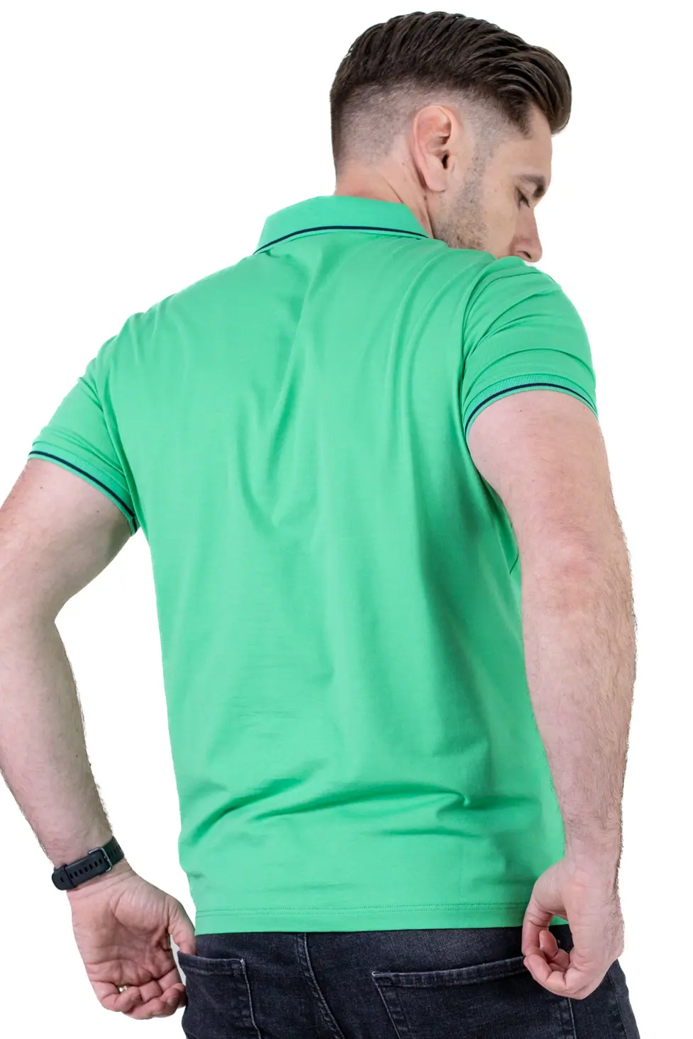 Tricou Polo Bărbați verde mar, 95% Bumbac cu Lycra, Guler 3 Nasturi, Detalii Contrastante [8]