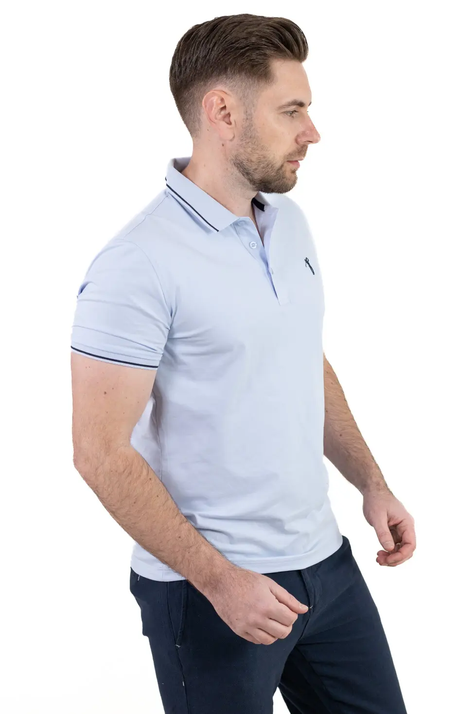 Tricou Polo Bărbați Albastru, 95% Bumbac cu Lycra, Guler 3 Nasturi, Detalii Contrastante [4]