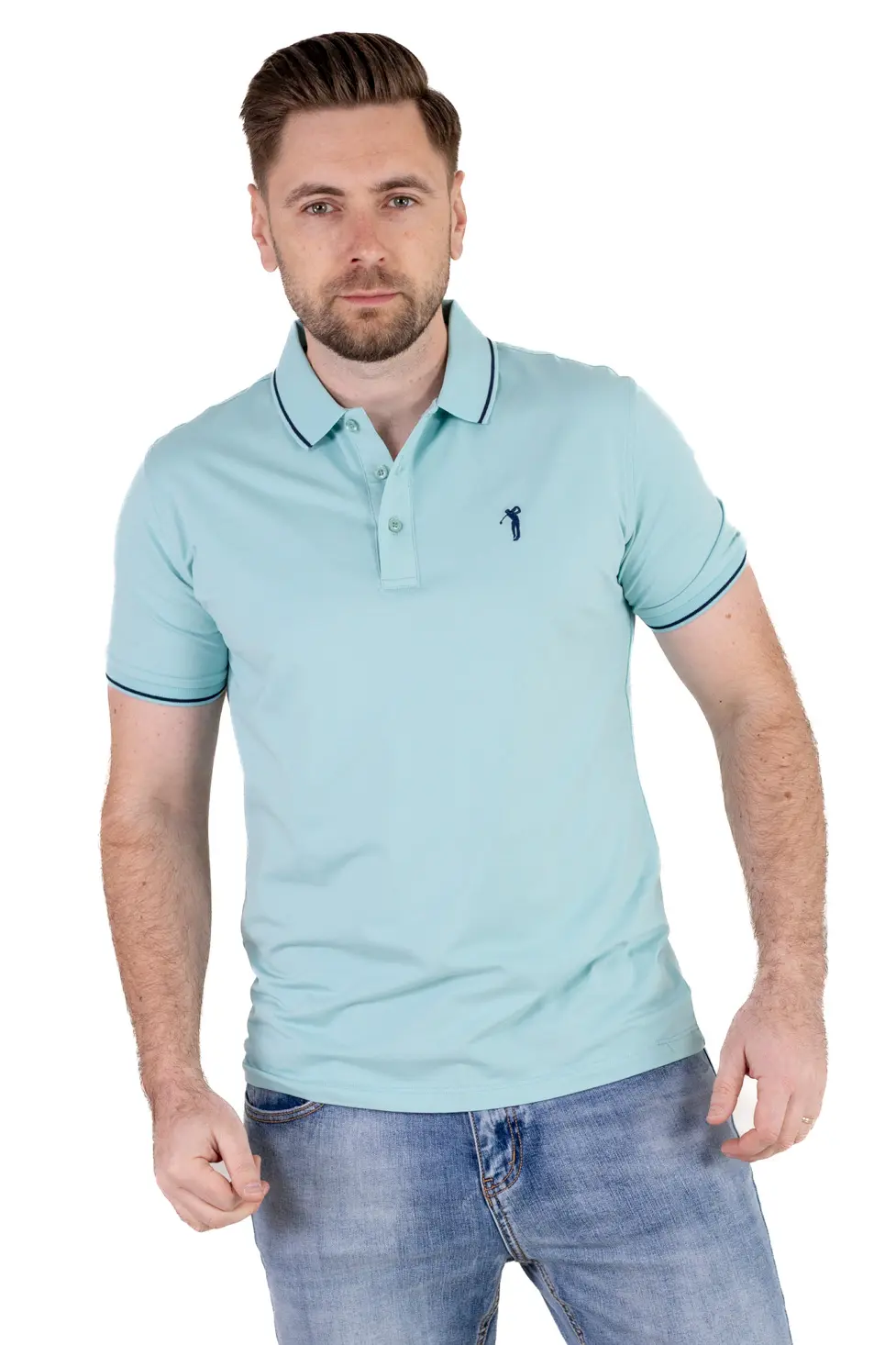 Tricou Polo Bărbați verde aqua, 95% Bumbac cu Lycra, Guler 3 Nasturi, Detalii Contrastante [2]