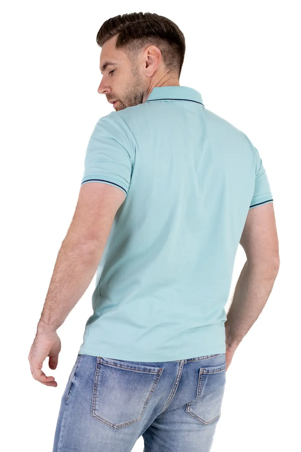 Tricou Polo Bărbați verde aqua, 95% Bumbac cu Lycra, Guler 3 Nasturi, Detalii Contrastante [6]