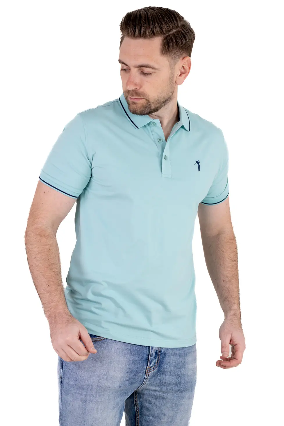 Tricou Polo Bărbați verde aqua, 95% Bumbac cu Lycra, Guler 3 Nasturi, Detalii Contrastante [3]