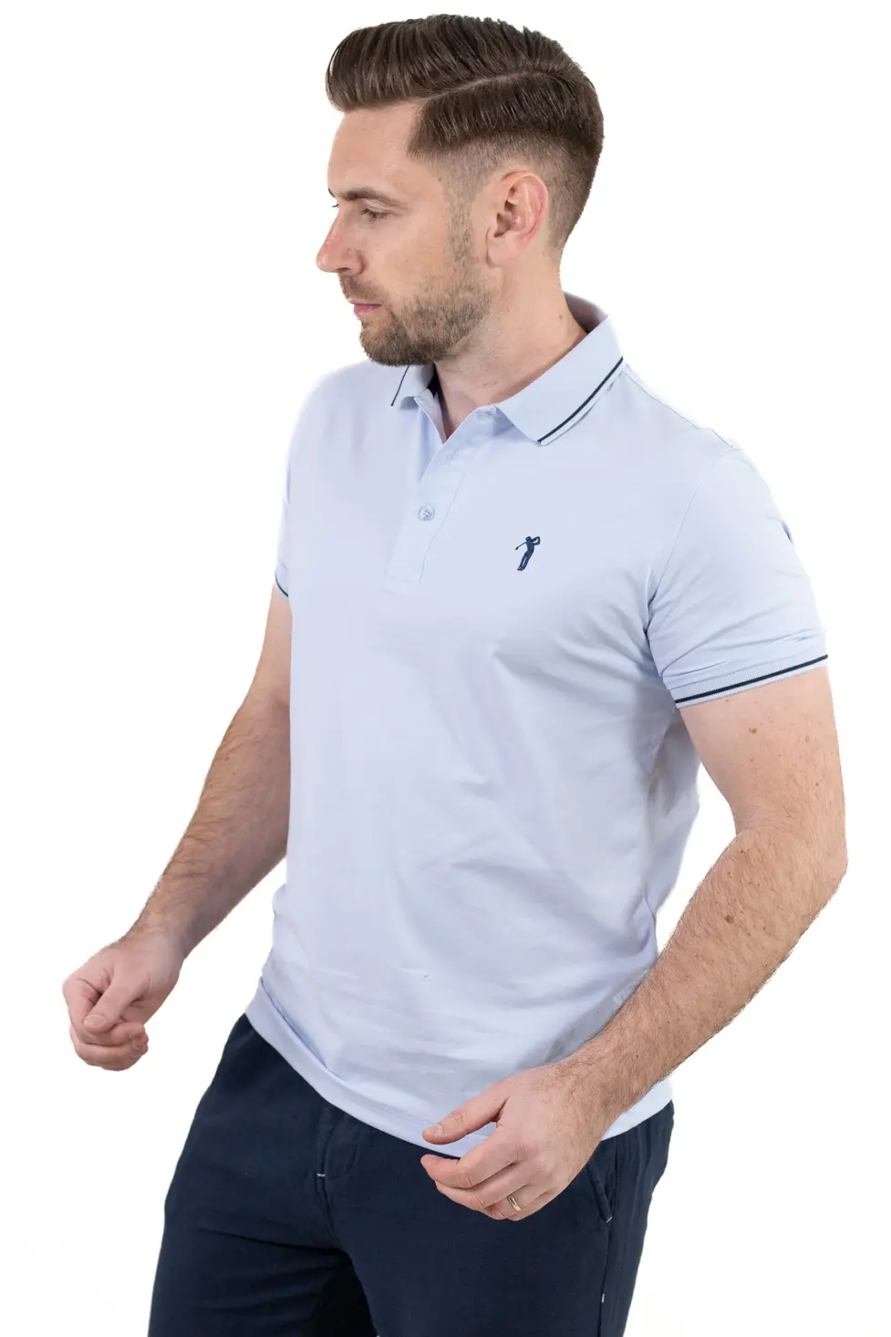 Tricou Polo Bărbați Albastru, 95% Bumbac cu Lycra, Guler 3 Nasturi, Detalii Contrastante [3]