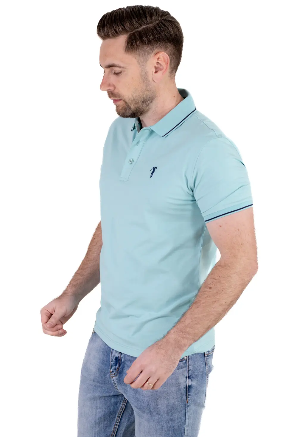 Tricou Polo Bărbați verde aqua, 95% Bumbac cu Lycra, Guler 3 Nasturi, Detalii Contrastante [4]