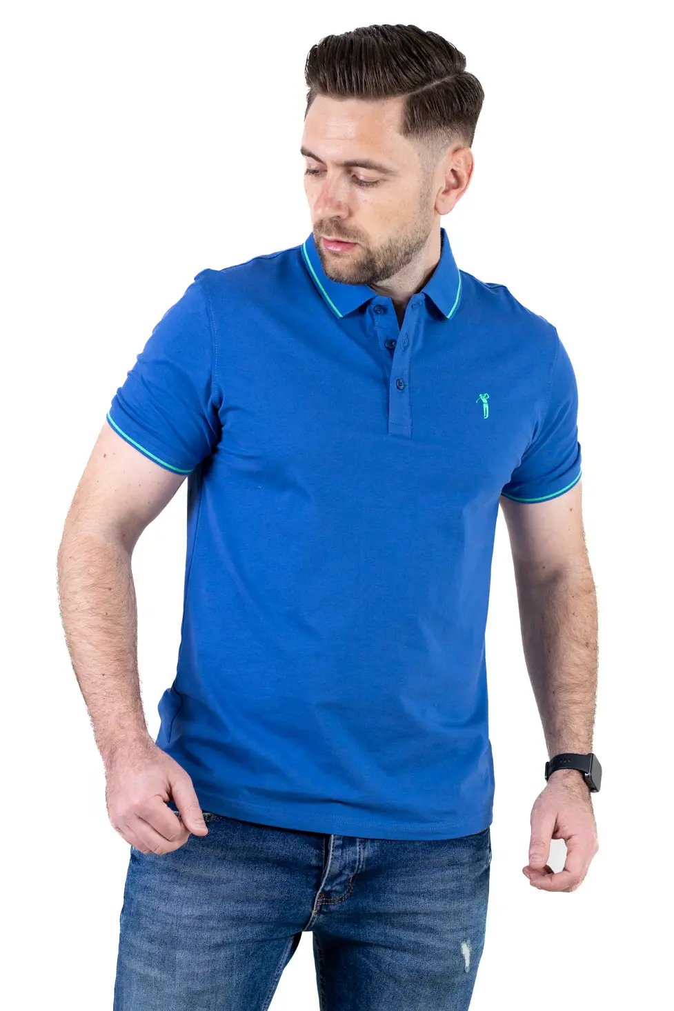 Tricou Polo Bărbați albastru, 95% Bumbac cu Lycra, Guler 3 Nasturi, Detalii Contrastante [6]
