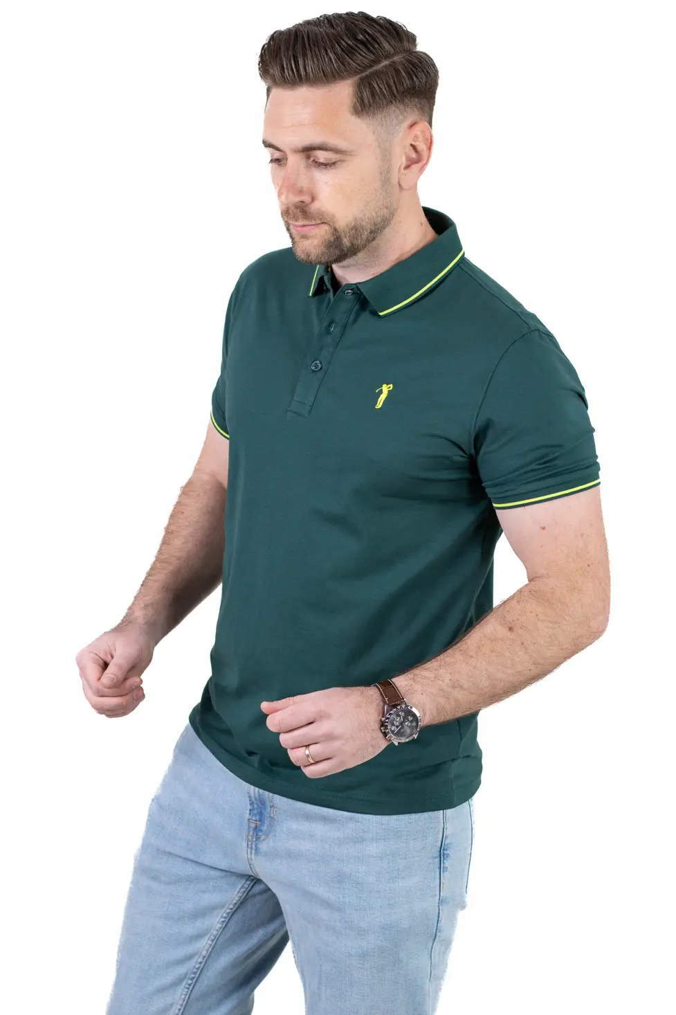 Tricou Polo Bărbați verde inchis, 95% Bumbac cu Lycra, Guler 3 Nasturi, Detalii Contrastante [7]