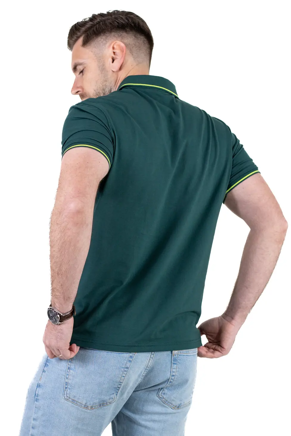 Tricou Polo Bărbați verde inchis, 95% Bumbac cu Lycra, Guler 3 Nasturi, Detalii Contrastante [6]