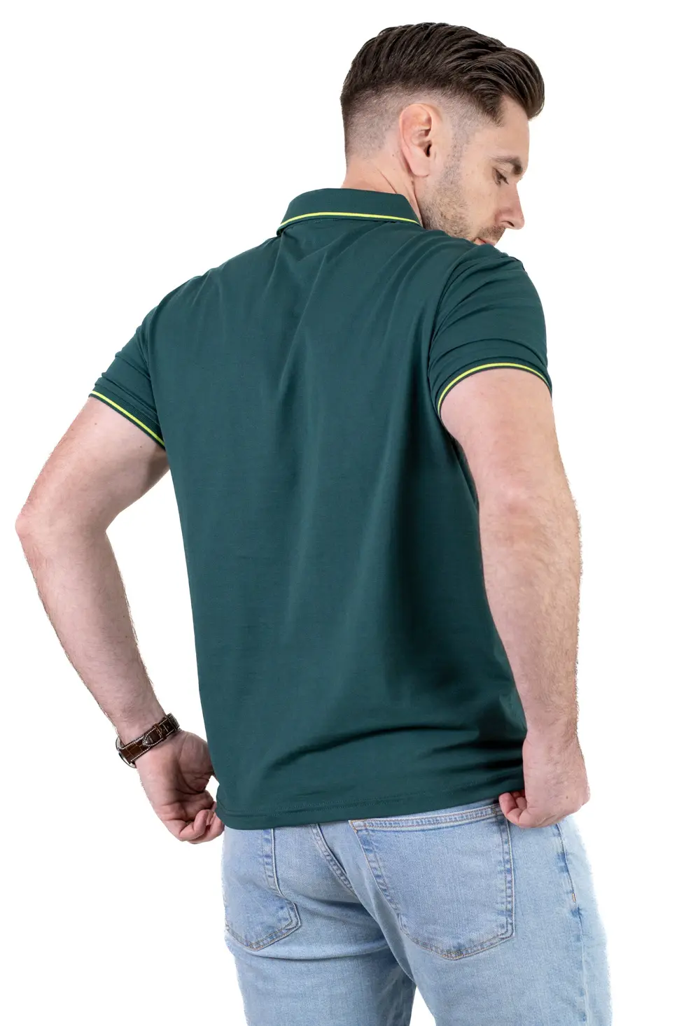Tricou Polo Bărbați verde inchis, 95% Bumbac cu Lycra, Guler 3 Nasturi, Detalii Contrastante [5]