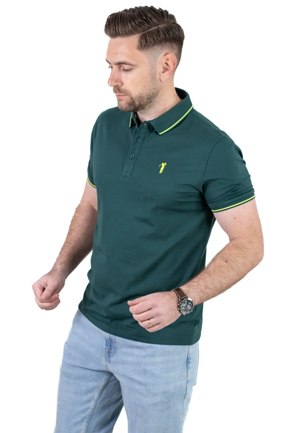 Tricou Polo Bărbați verde inchis, 95% Bumbac cu Lycra, Guler 3 Nasturi, Detalii Contrastante [2]
