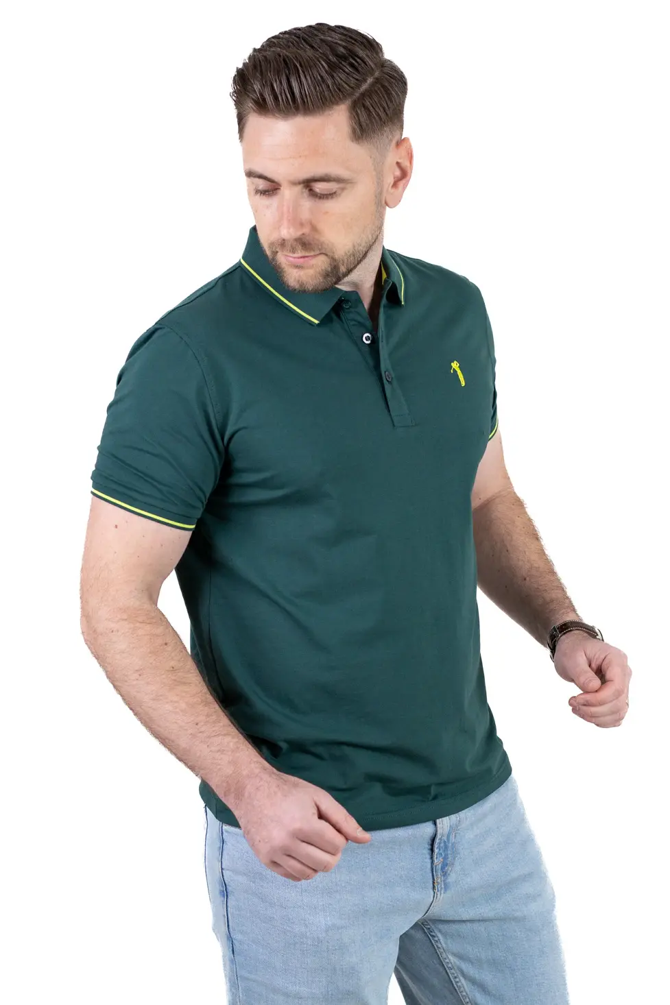 Tricou Polo Bărbați verde inchis, 95% Bumbac cu Lycra, Guler 3 Nasturi, Detalii Contrastante [4]