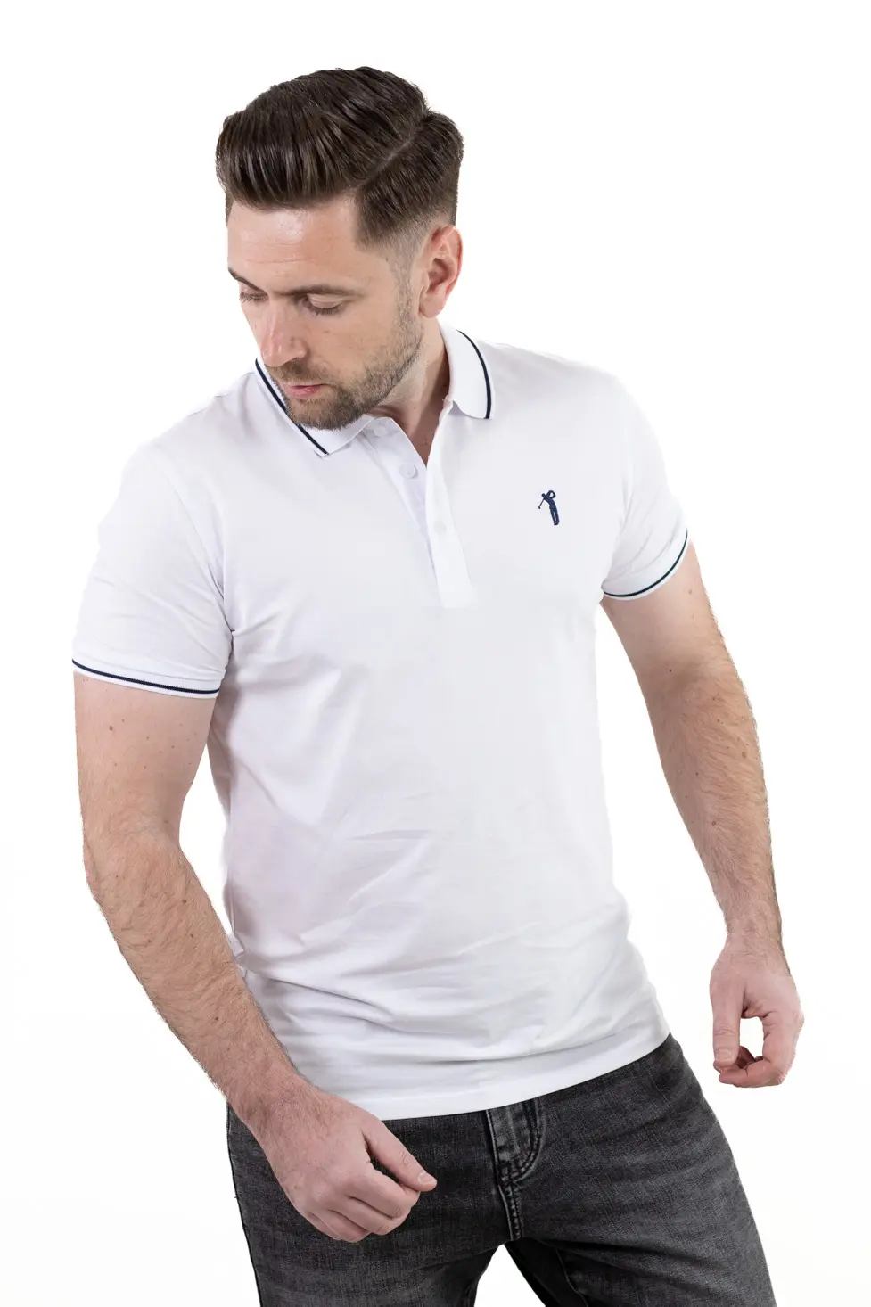 Tricou Polo Bărbați Alb, 95% Bumbac cu Lycra, Guler 3 Nasturi, Detalii Contrastante [8]