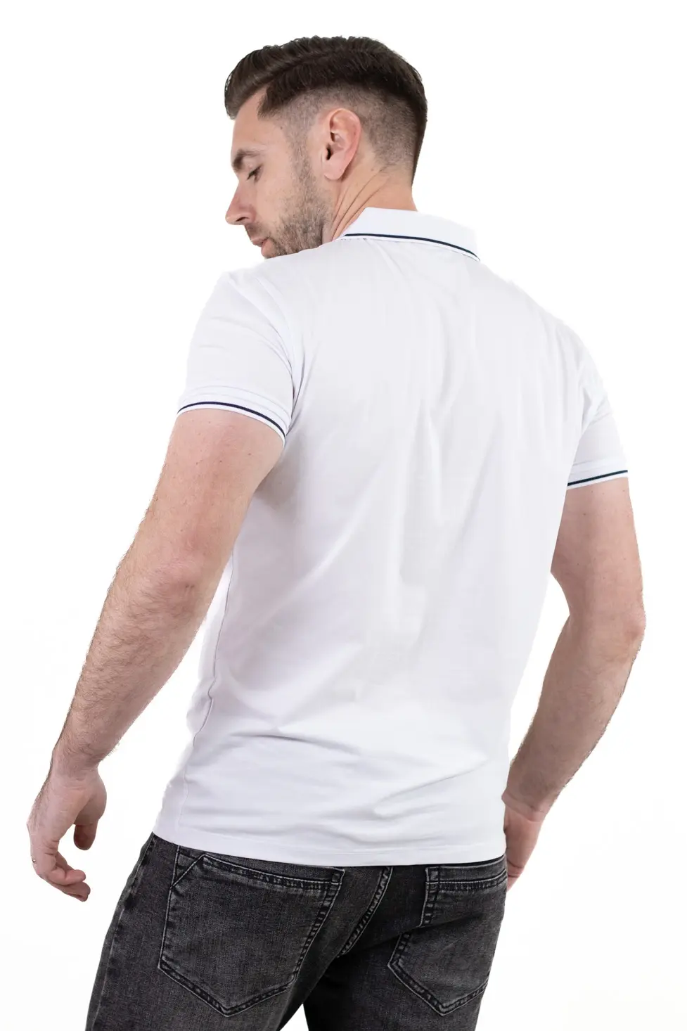 Tricou Polo Bărbați Alb, 95% Bumbac cu Lycra, Guler 3 Nasturi, Detalii Contrastante [6]