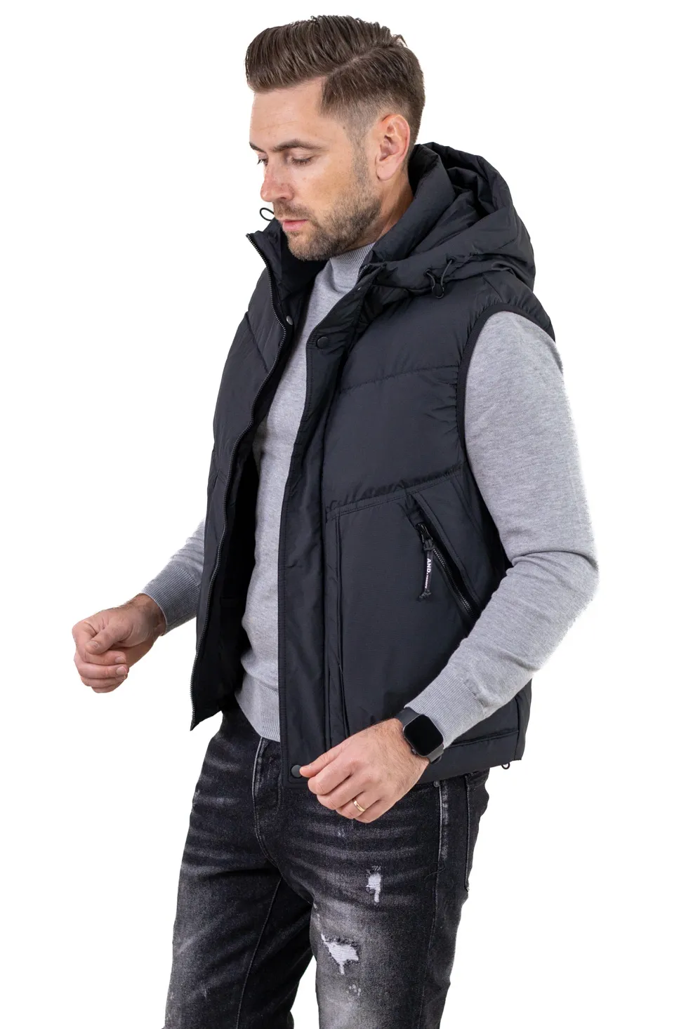 Vestă bărbătească cu gluga din puf, matlasată, guler înalt, neagră [10]