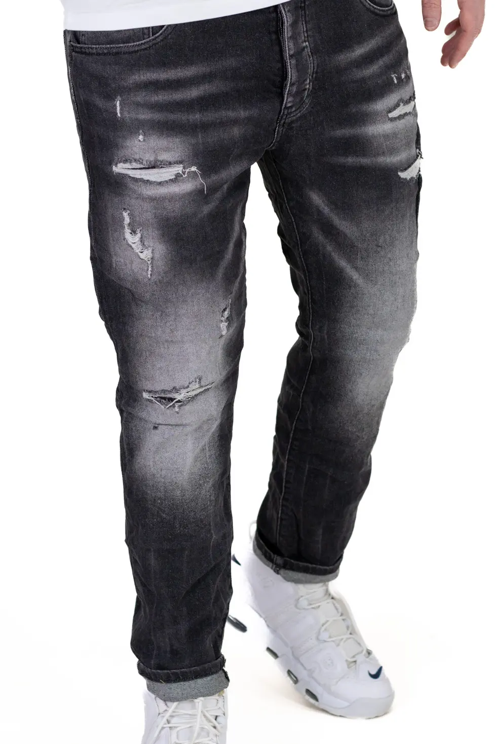 Blugi barbati din denim negru prespalat, cu rupturi acoperite [6]