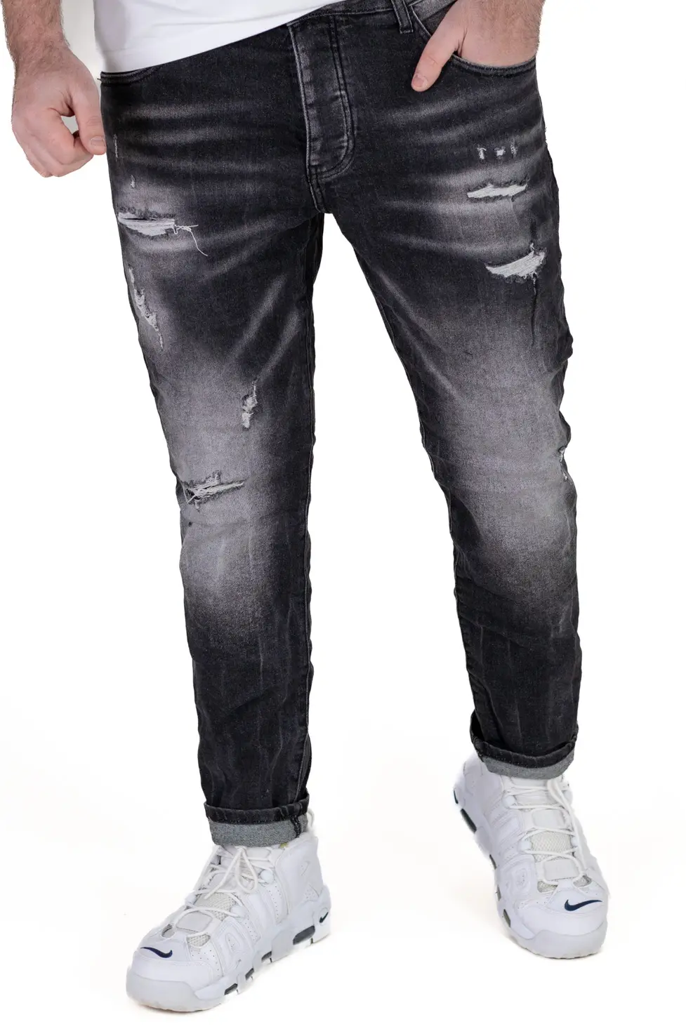 BLUGI - Blugi barbati din denim negru prespalat, cu rupturi acoperite