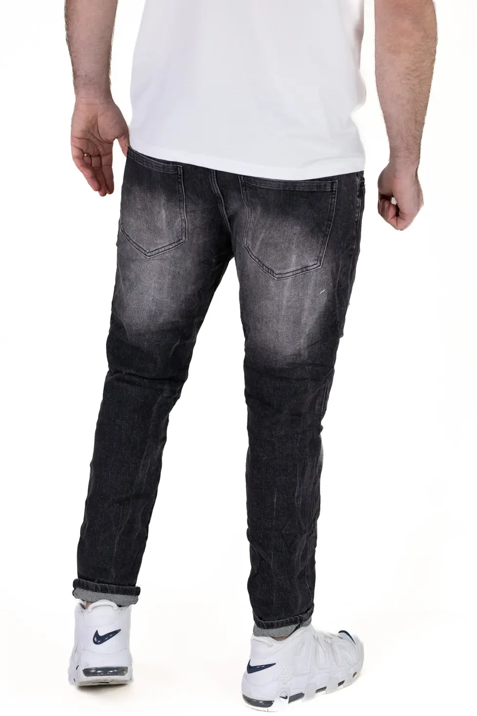 Blugi barbati din denim negru prespalat, cu rupturi acoperite [4]