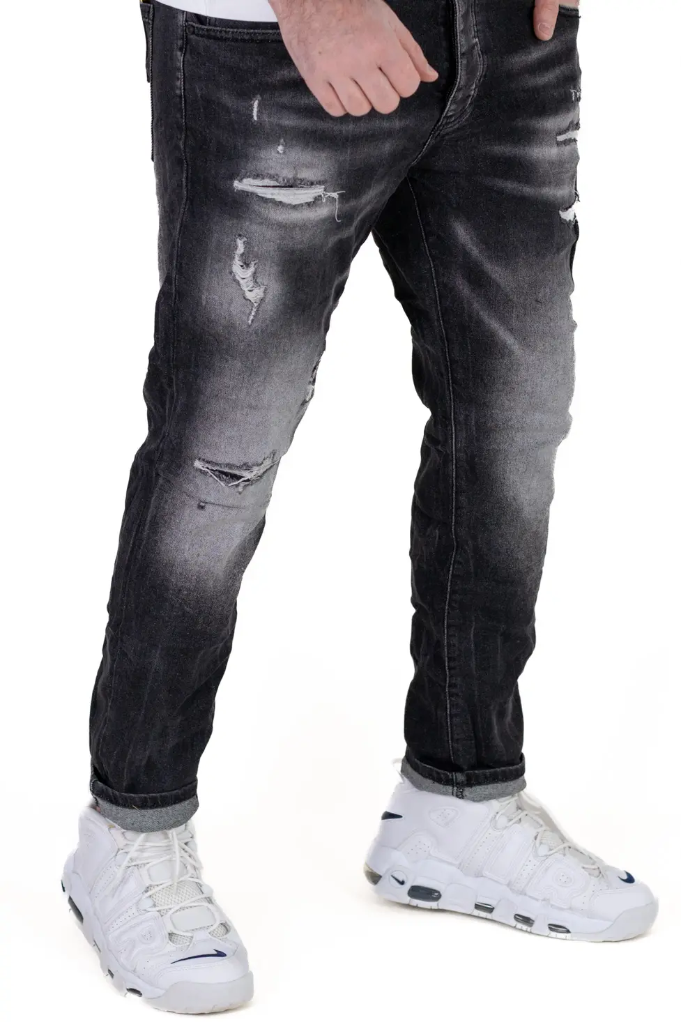 Blugi barbati din denim negru prespalat, cu rupturi acoperite [1]