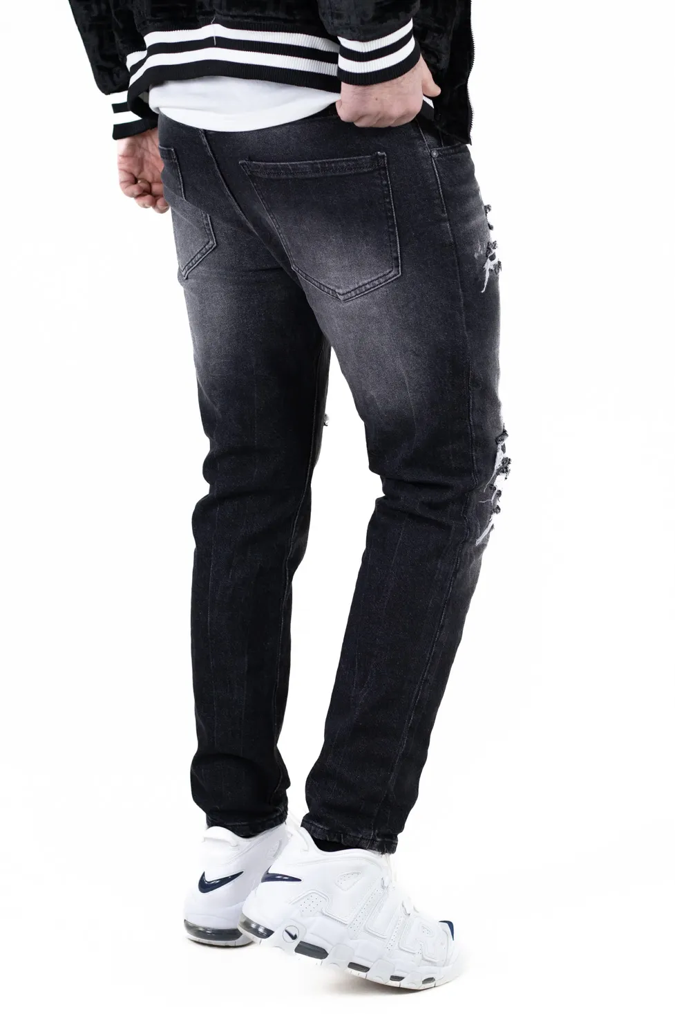 Blugi barbati din denim negru prespalat, cu rupturi acoperite [4]