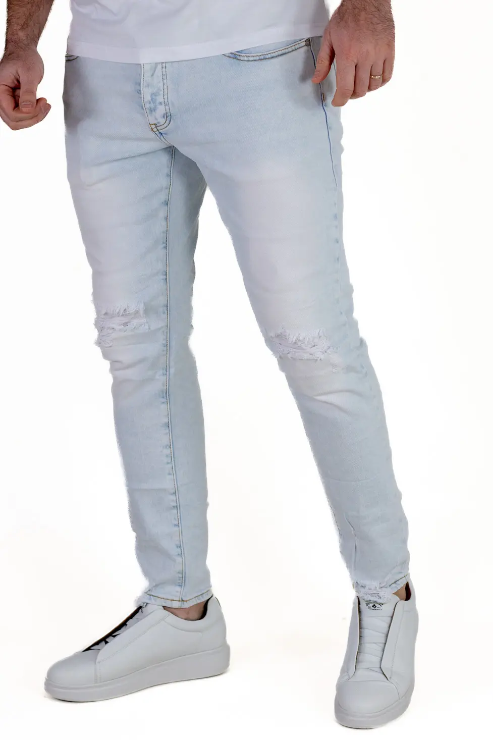 BLUGI - Blugi Bărbați Slim Fit Albastru Deschis (Ice Blue) cu Rupturi și Elastan