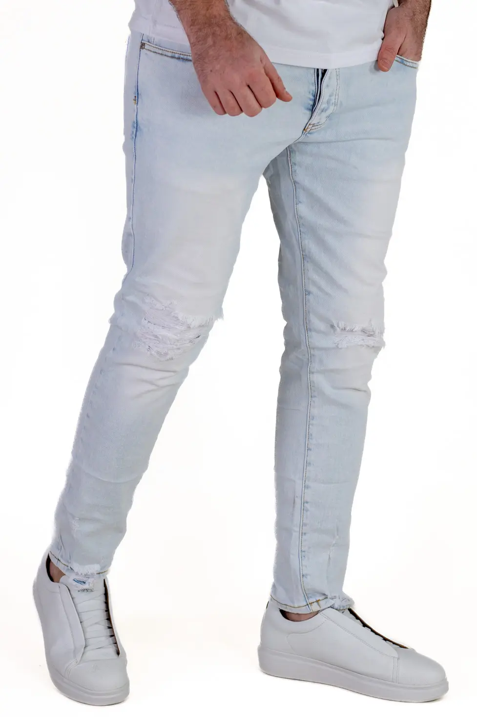 Blugi Bărbați Slim Fit Albastru Deschis (Ice Blue) cu Rupturi și Elastan [6]