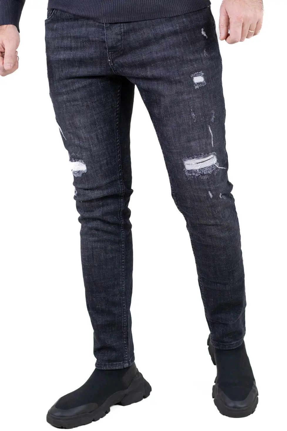Noutati - Blugi bărbați regular fit gri inchis cu rupturi albe