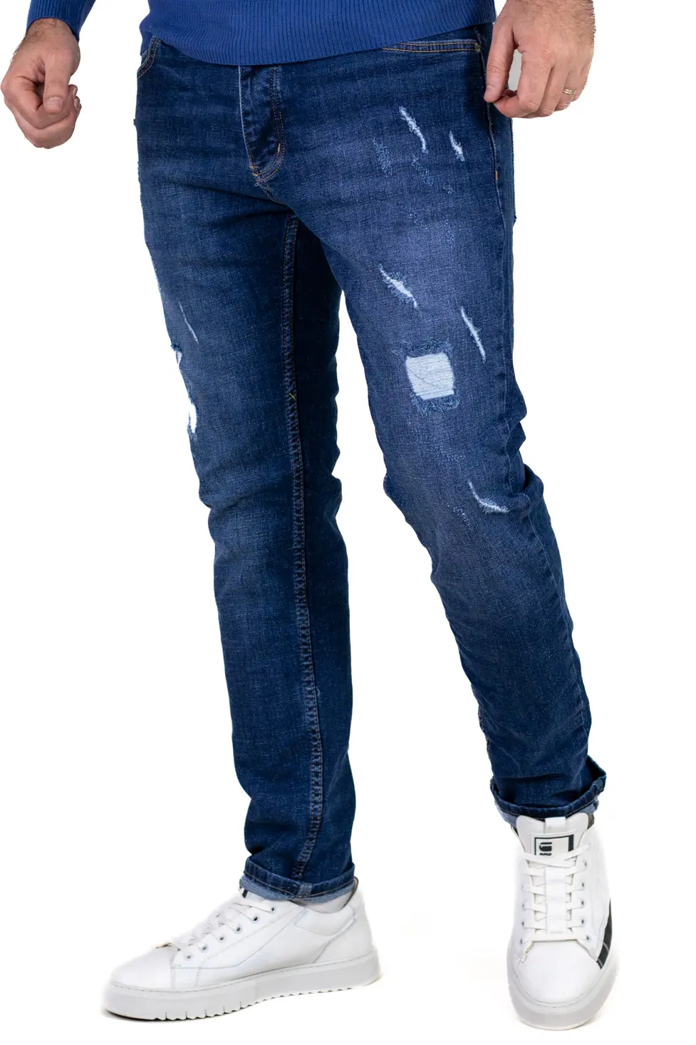 BLUGI - Blugi bărbați regular fit albastru cu rupturi acoperite