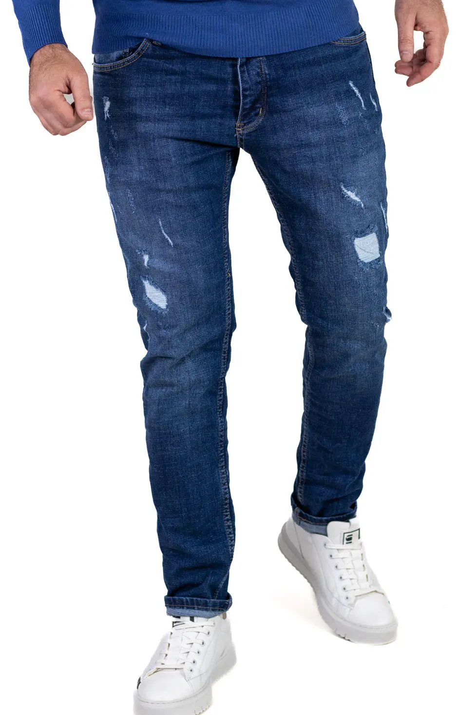 Blugi bărbați regular fit albastru cu rupturi acoperite [1]