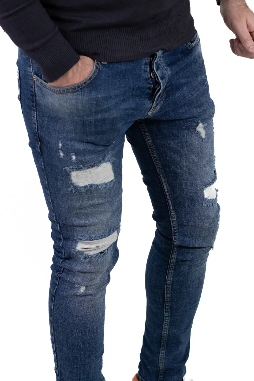 Noutati - Blugi bărbați regular fit albastru, prespălați, cu rupturi acoperite