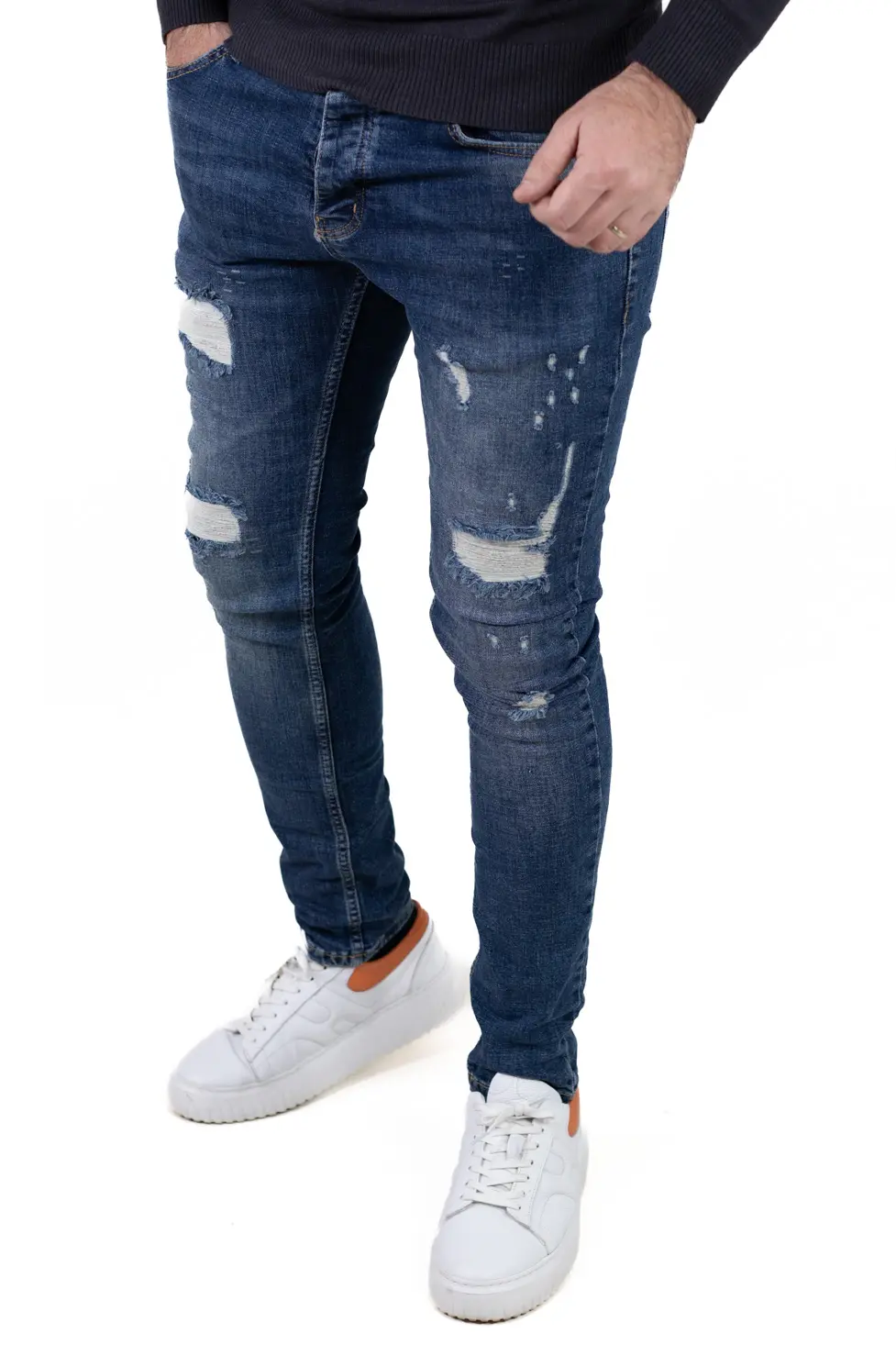 Blugi bărbați regular fit albastru, prespălați, cu rupturi acoperite [1]