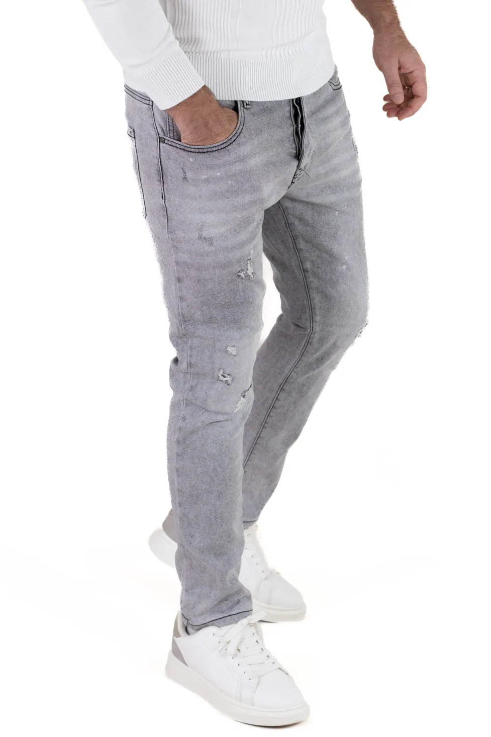 BLUGI - Blugi barbati slim fit – gri deschis cu rupturi mici