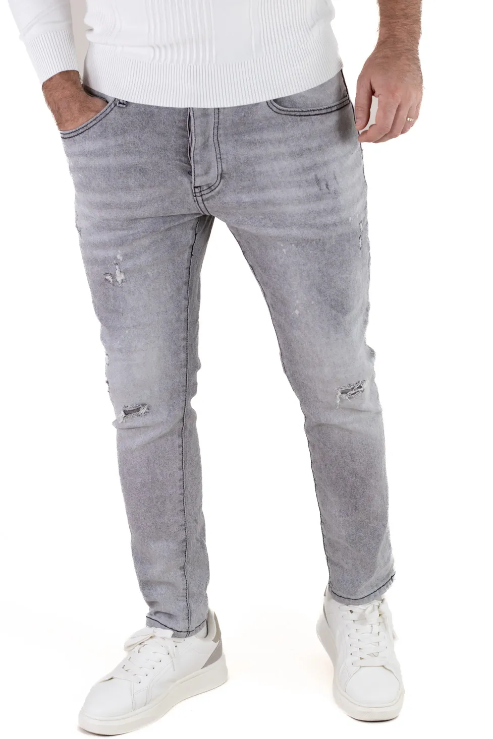 Blugi barbati slim fit – gri deschis cu rupturi mici [2]