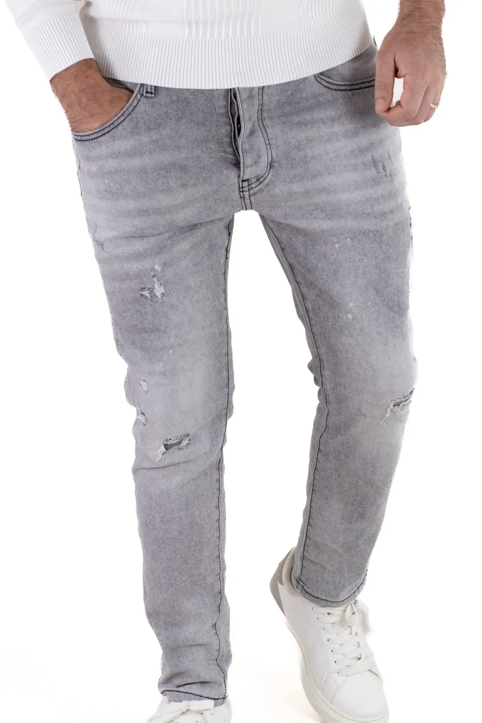 Blugi barbati slim fit – gri deschis cu rupturi mici [5]