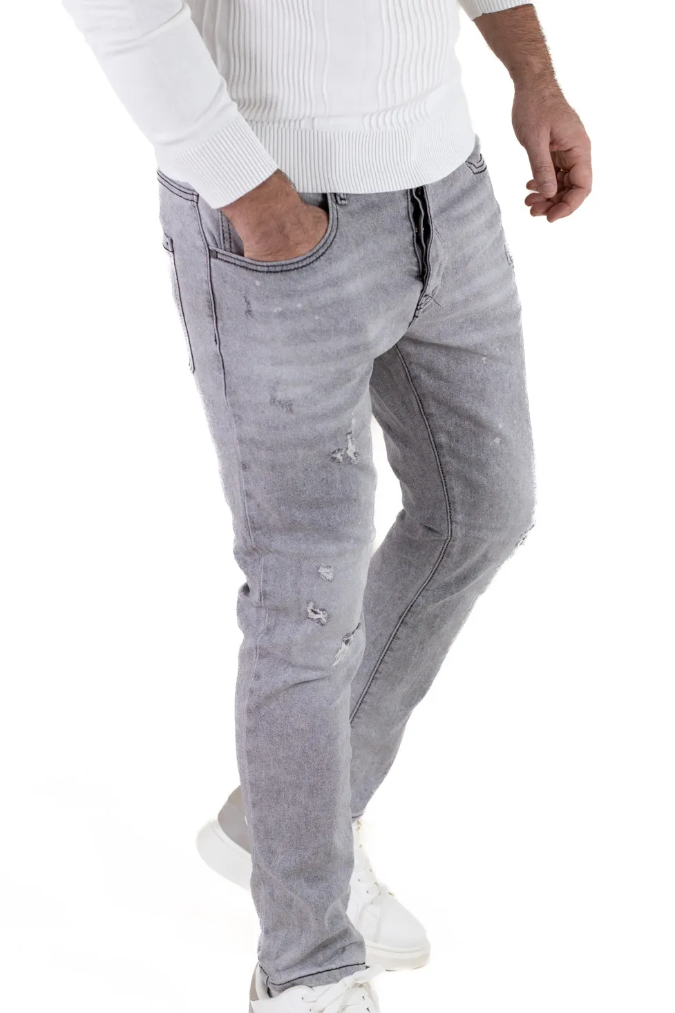 Blugi barbati slim fit – gri deschis cu rupturi mici [3]