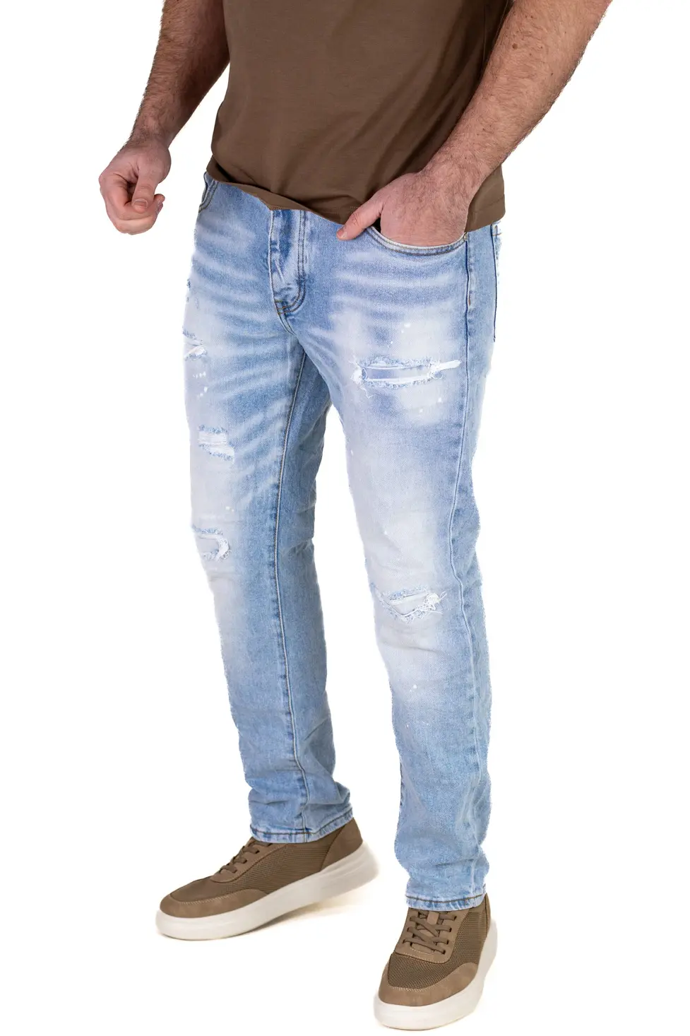 Blugi Bărbați Regular Fit Ice Blue Distressed cu Pete de Vopsea [2]