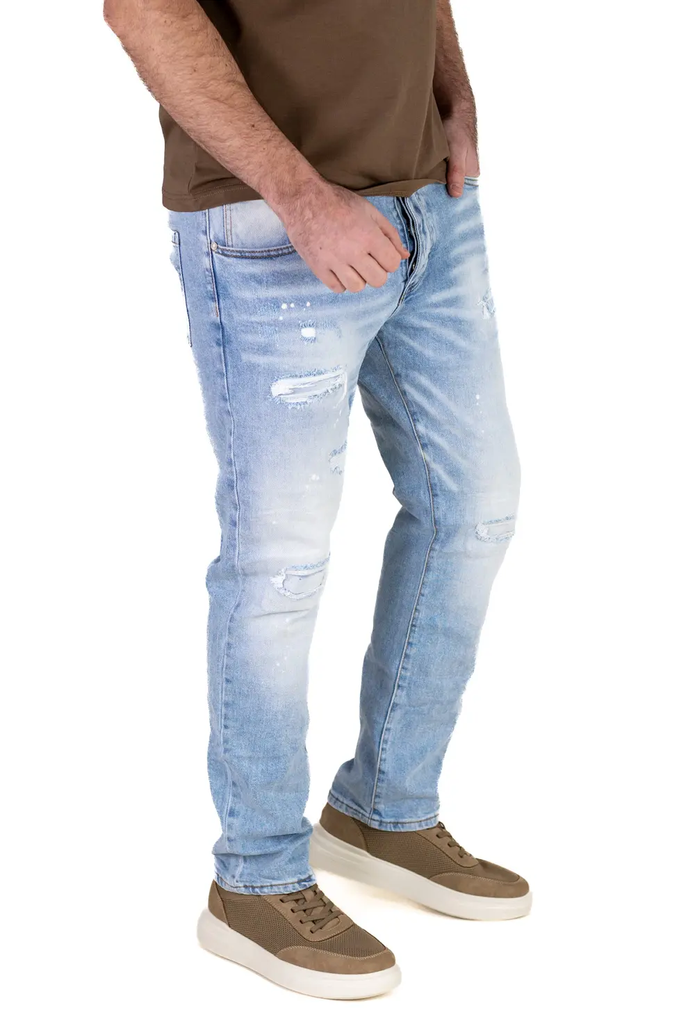 Blugi Bărbați Regular Fit Ice Blue Distressed cu Pete de Vopsea [1]