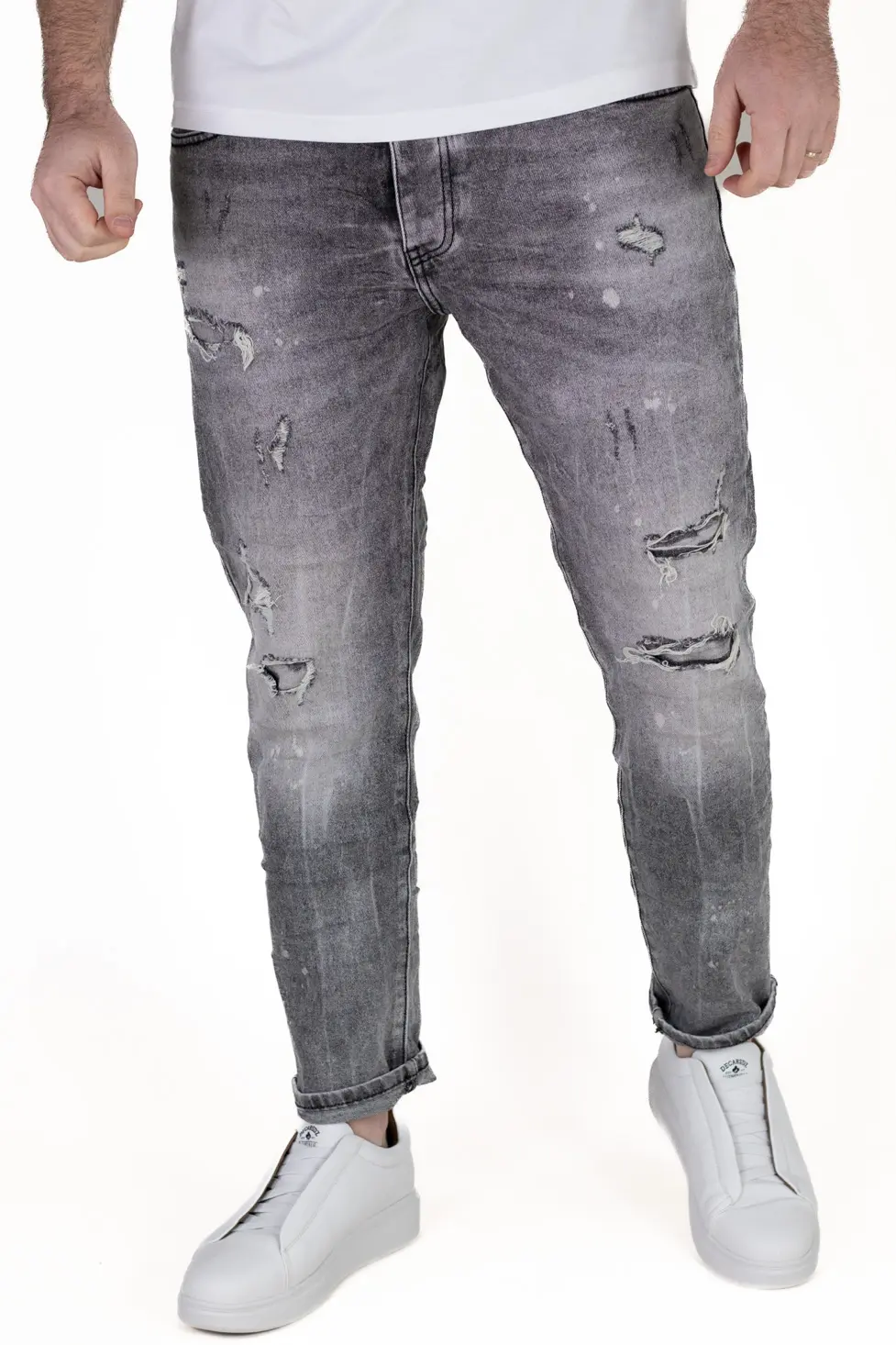 BLUGI - Blugi barbati slim fit gri cu rupturi si pete de vopsea