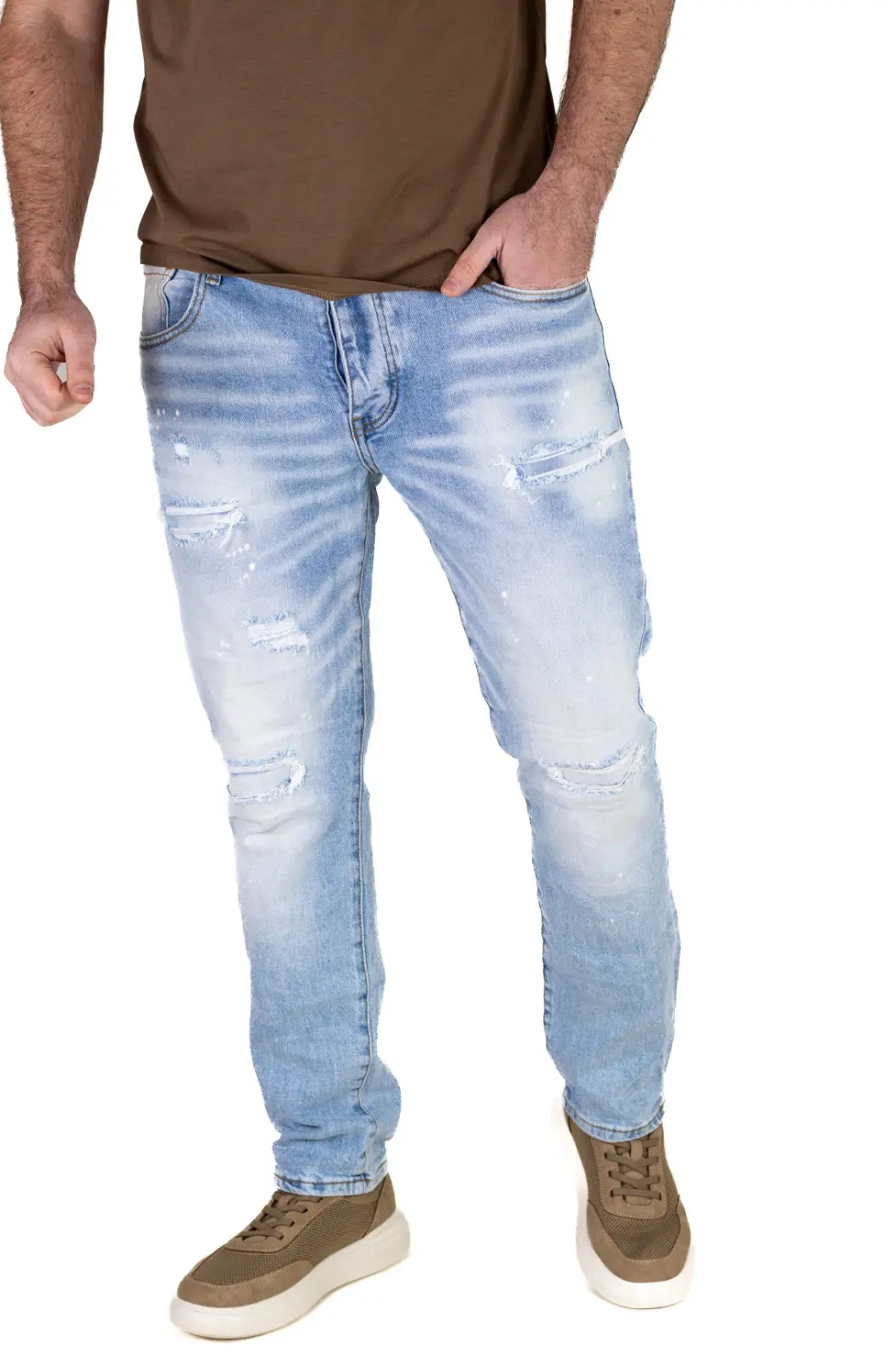 BLUGI - Blugi Bărbați Regular Fit Ice Blue Distressed cu Pete de Vopsea