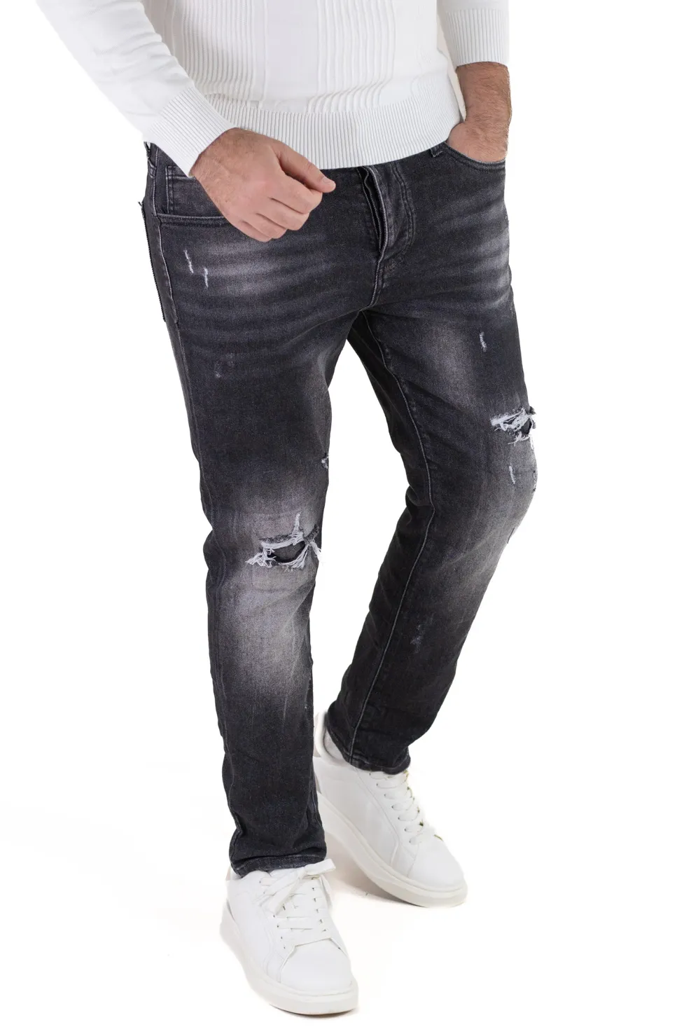 BLUGI - Blugi barbati slim fit – negri cu rupturi