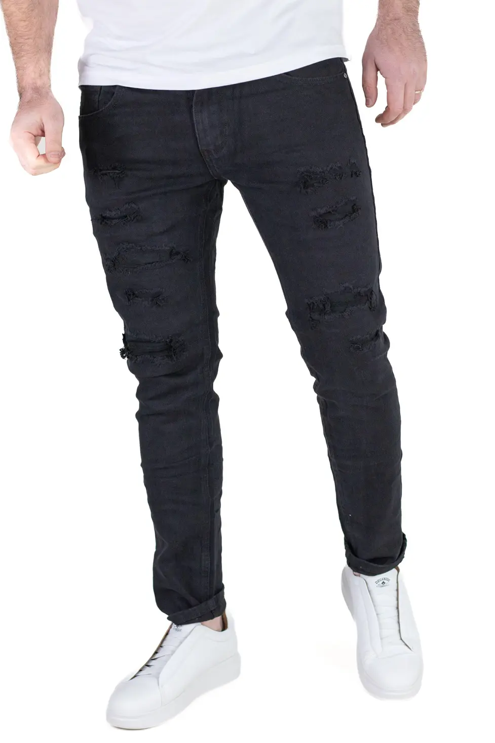 BLUGI - Blugi Bărbați Slim Fit Negri, Aspect Destroyed cu Rupturi și Elastan