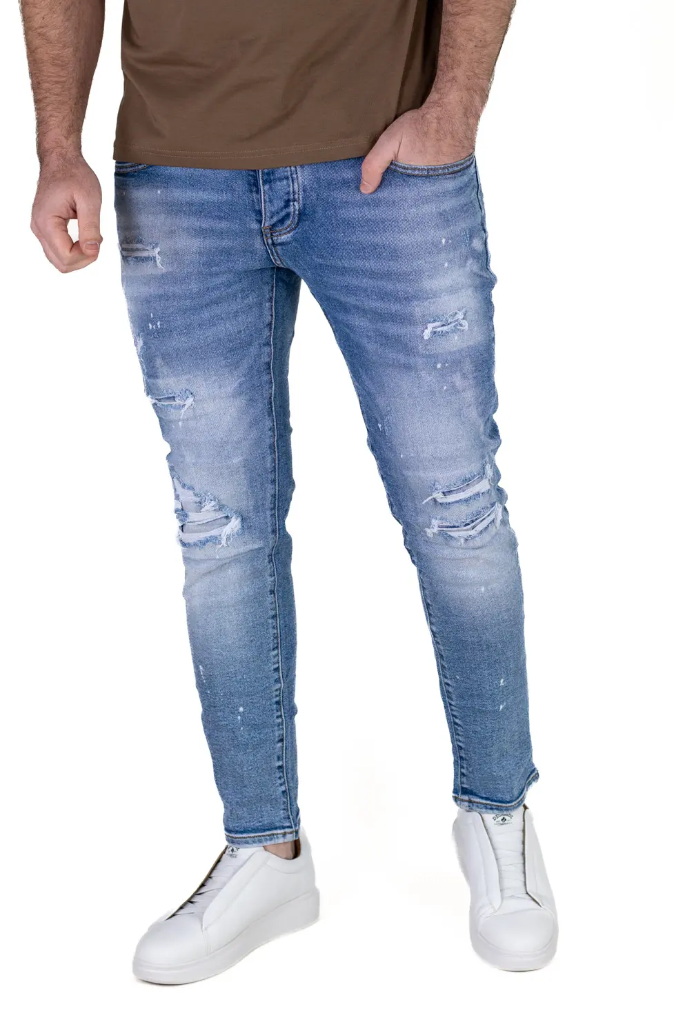 BLUGI - Blugi Bărbați Slim Fit Albastru Deschis (Ice Blue) cu Rupturi și Elastan