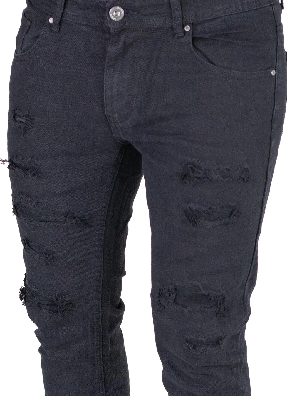 Blugi Bărbați Slim Fit Negri, Aspect Destroyed cu Rupturi și Elastan [7]