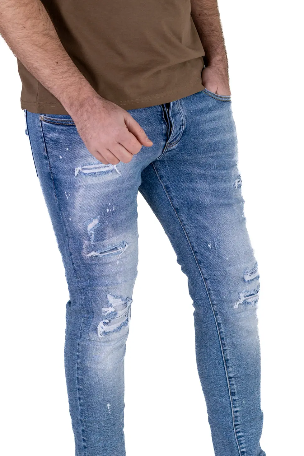 Blugi Bărbați Slim Fit Albastru Deschis (Ice Blue) cu Rupturi și Elastan [9]