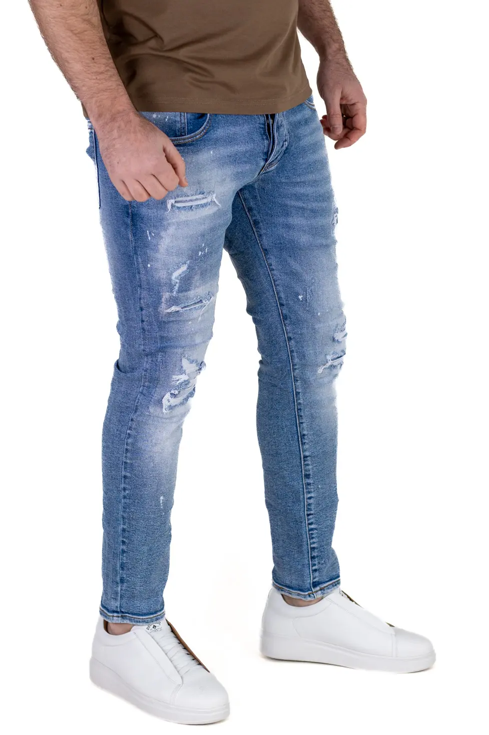 Blugi Bărbați Slim Fit Albastru Deschis (Ice Blue) cu Rupturi și Elastan [1]